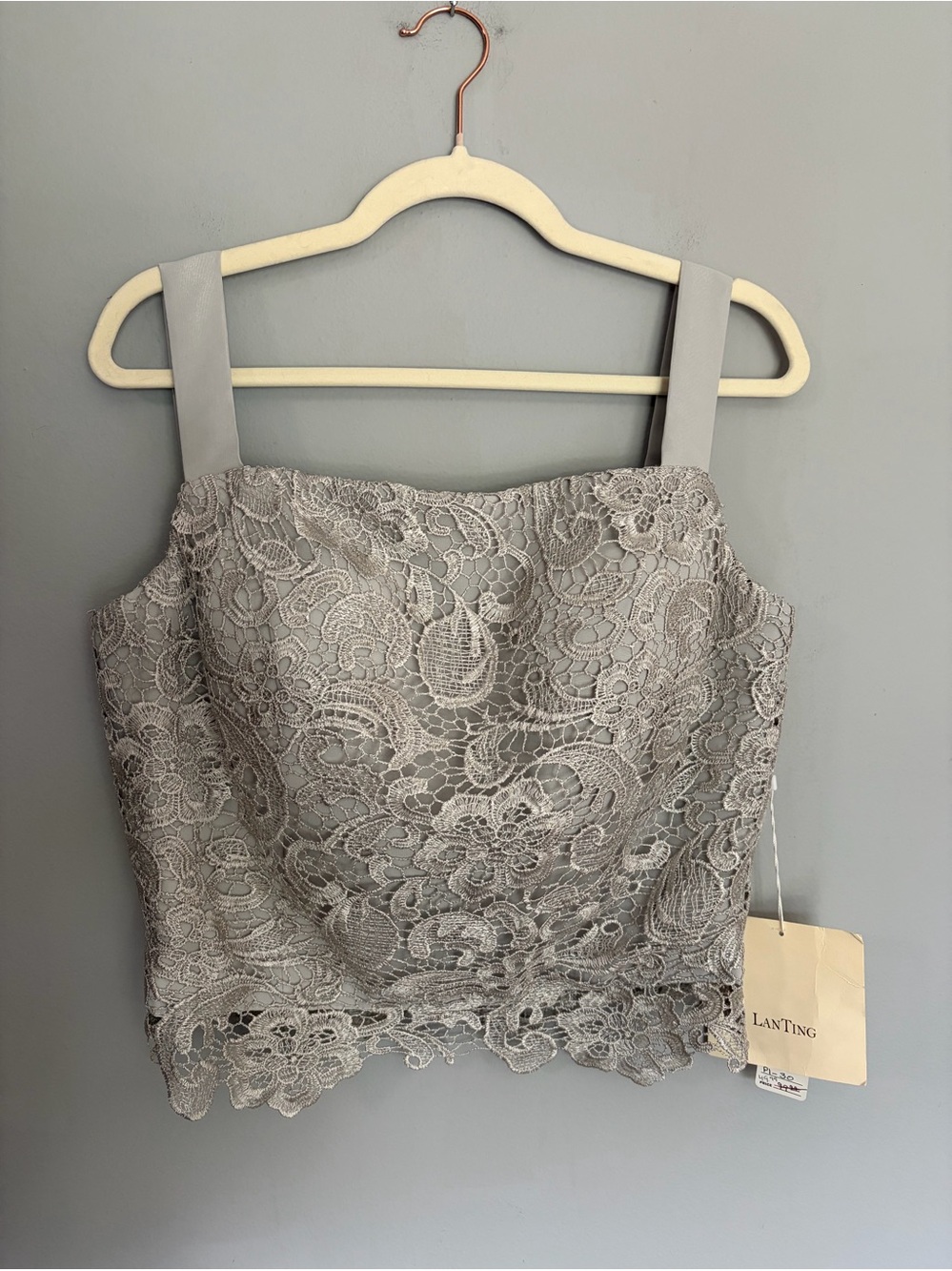 LAN Ting Bride Lace Top Size 14 Gray Silver Square Neck Wide Strap Padded Boning